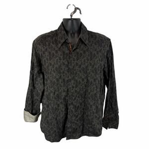 Robert Graham Flip Cuff Dress Shirt Floral Print Size Large Brown Black Designer